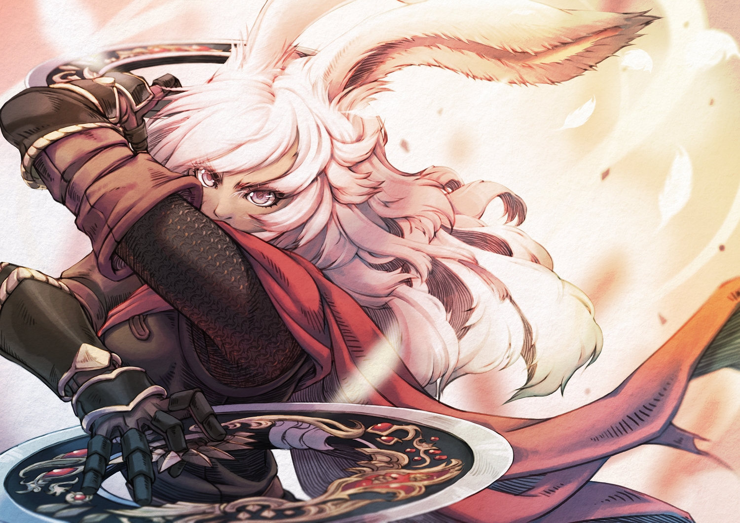 animal_ears, armor, bunny_ears, bunnygirl, cape, final_fantasy, final_fantasy_xiv, gray_eyes