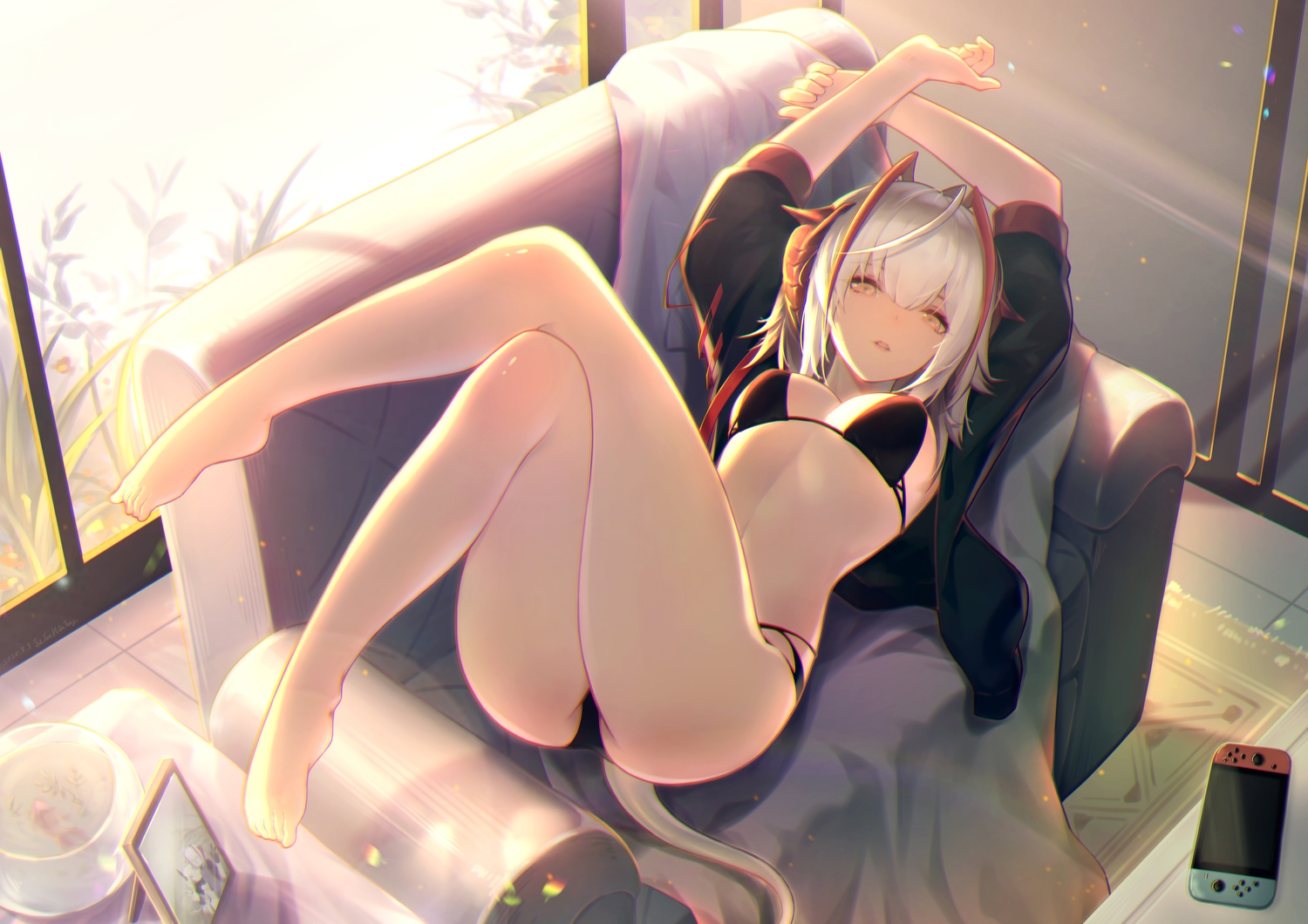 animal, arknights, barefoot, bikini, fish, game_console, jiusan_naitan, navel
