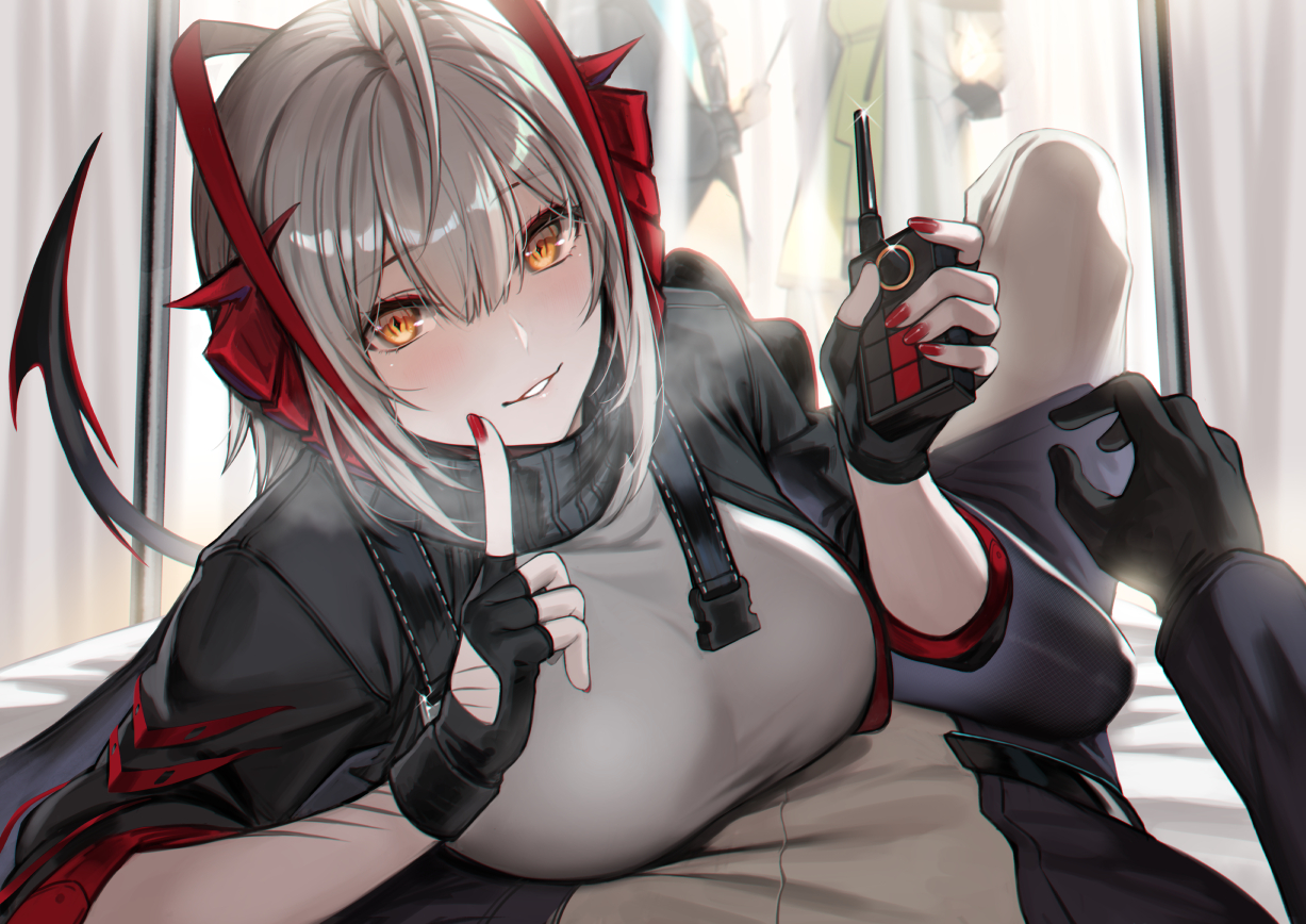 amiya_(arknights), arknights, blush, deras, gloves, gray_hair, kal'tsit_(arknights), male
