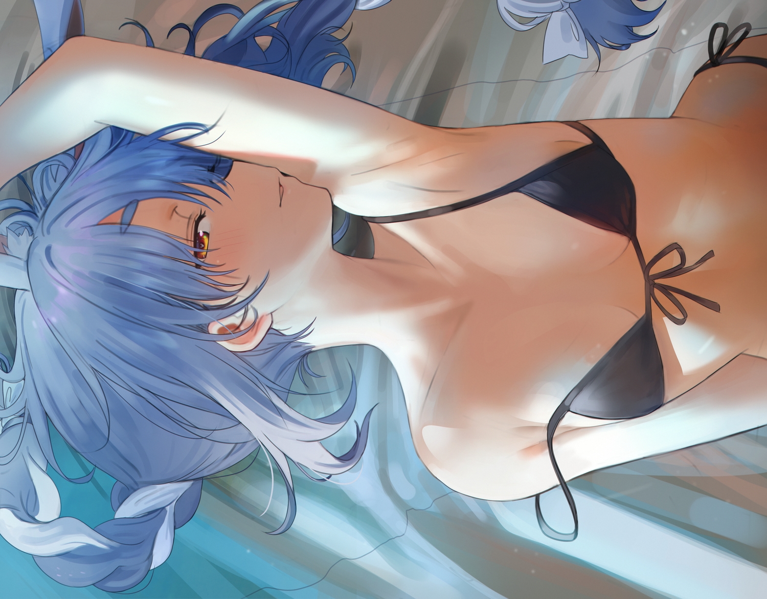 animal_ears, bikini_top, blue_hair, blush, braids, bunny_ears, bunnygirl, close, hololive, long_hair, red_eyes, seicoh, twintails, usada_pekora