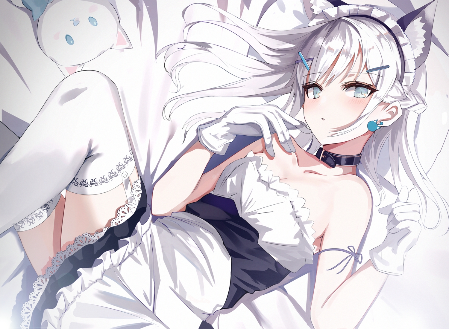 animal_ears, beckzawachi, bed, blush, braids, catgirl, collar, garter_belt, gloves, gray_eyes, headdress, long_hair, maid, original, stockings, white_hair, zettai_ryouiki
