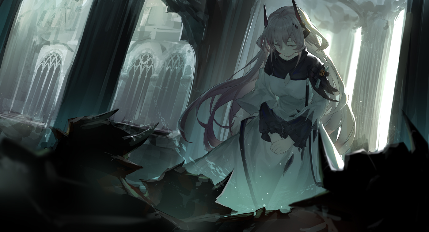 arknights, brown_hair, dark, dress, horns, long_hair, mag_(mag42), theresa_(arknights)
