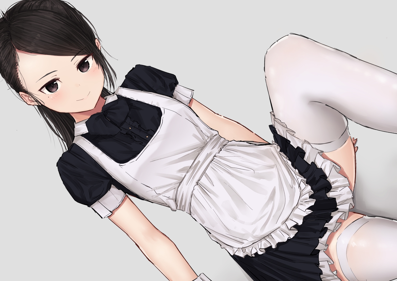 akipeko, apron, black_eyes, black_hair, blush, loli, long_hair, maid, original, ponytail, sketch, thighhighs