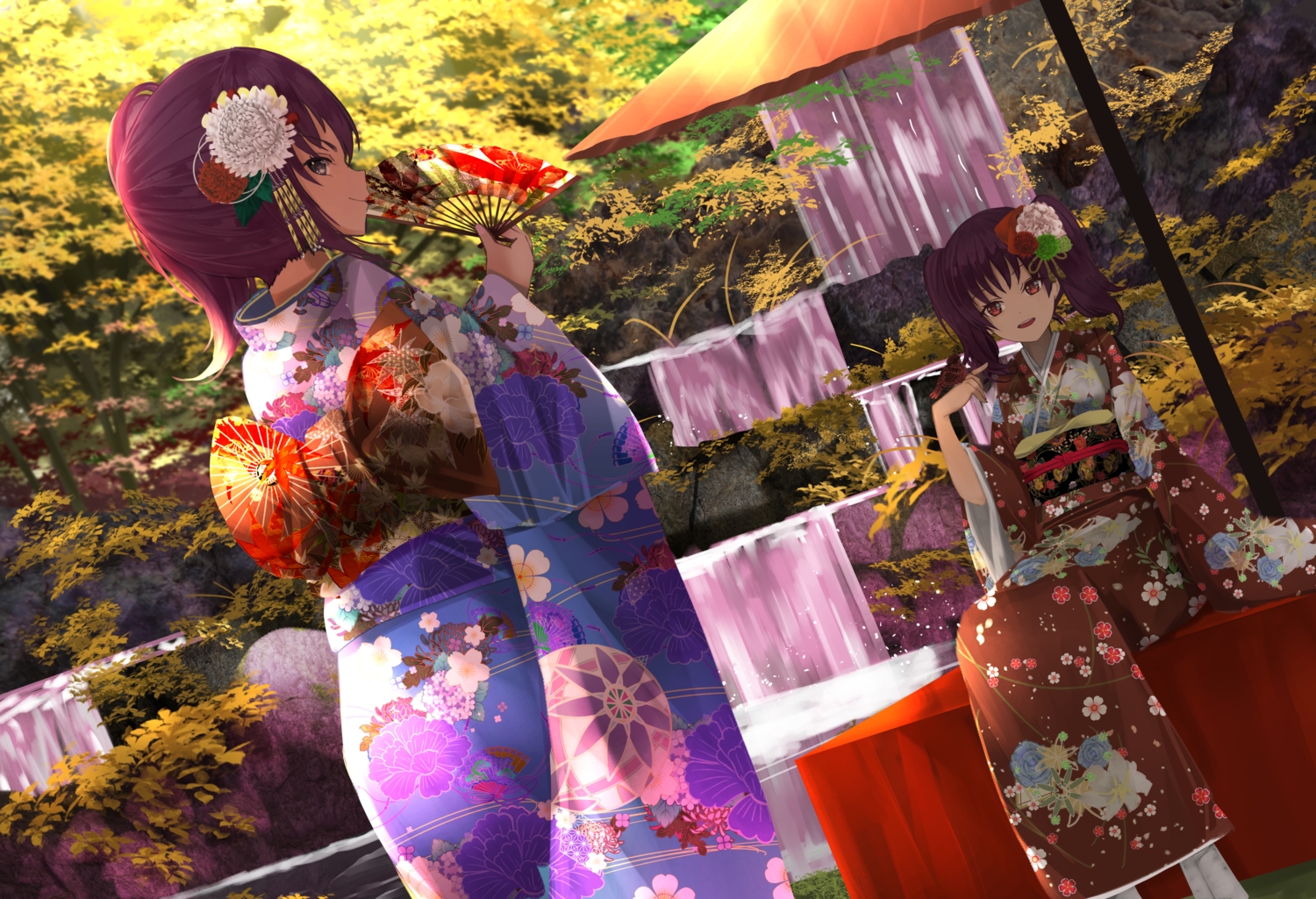2girls, fan, japanese_clothes, kazuno_leah, kazuno_sarah, kimono, long_hair, love_live!_school_idol_project, love_live!_sunshine!!, orein, ponytail, purple_hair, red_eyes, tree, twintails, water, waterfall