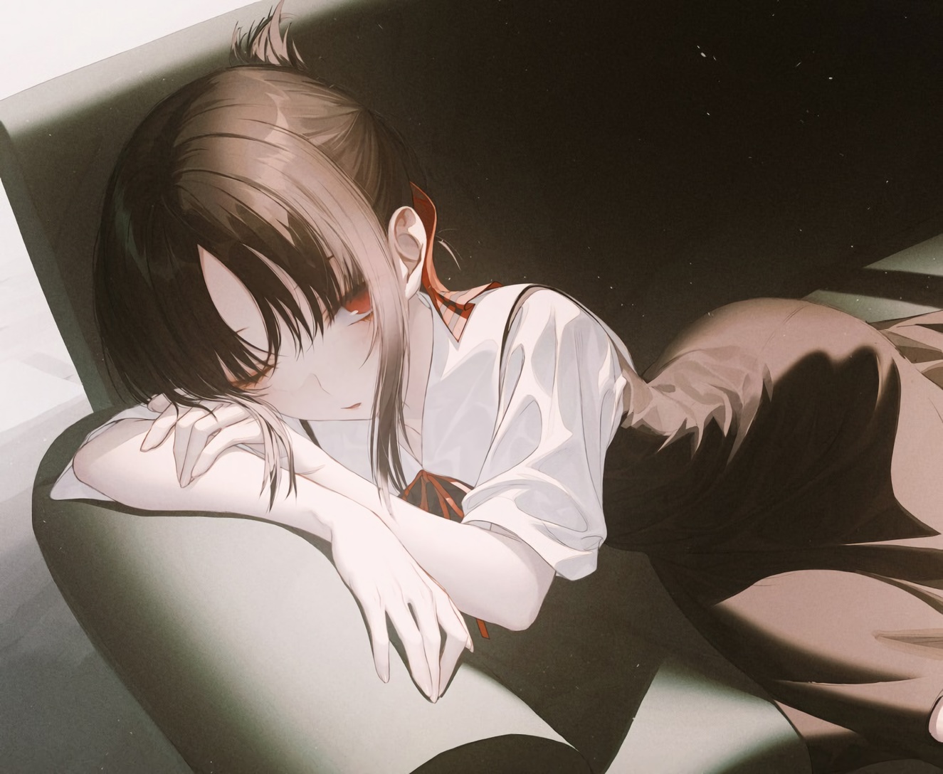 brown_hair, couch, cropped, dress, kaguya-sama_wa_kokurasetai_~tensai-tachi_no_renai_zunousen~, polychromatic, red_eyes, school_uniform