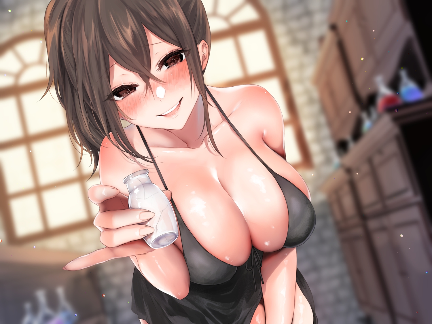 blush, breasts, brown_eyes, brown_hair, cleavage, dress, original, sakiryo_kanna