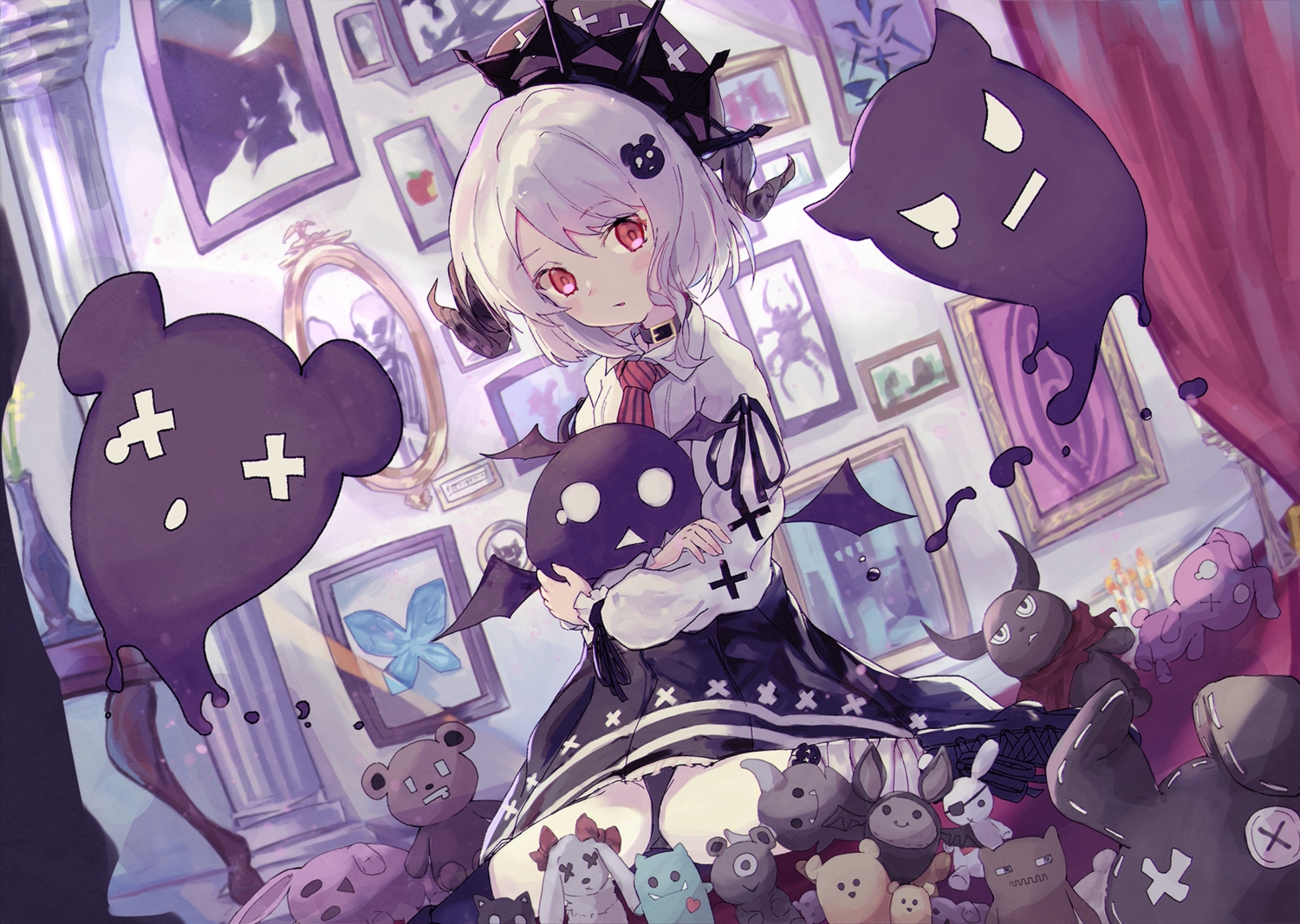 goth-loli, gray_hair, hat, loli, lolita_fashion, original, red_eyes, shin_murasame, shirt, short_hair, skirt, stockings, teddy_bear
