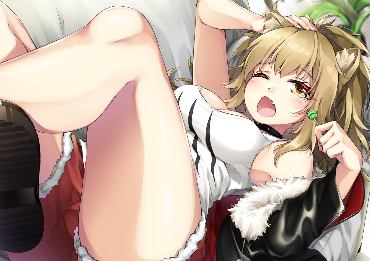 animal_ears, arknights, blonde_hair, breasts, candy, catgirl, cleavage, inumine_aya