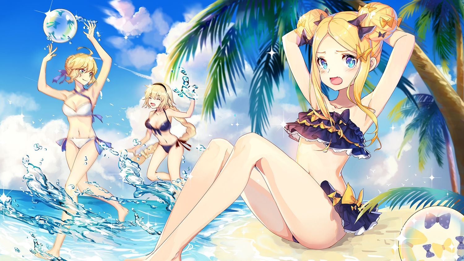 abigail_williams_(fate/grand_order), aqua_eyes, artoria_pendragon_(all), ball, barefoot, beach, bikini, blonde_hair, blush, braids, clouds, fang, fate/grand_order, fate_(series), green_eyes, haitang, headband, jeanne_d'arc_(fate), long_hair, navel, ponytail, saber, short_hair, sky, swimsuit, tree, water
