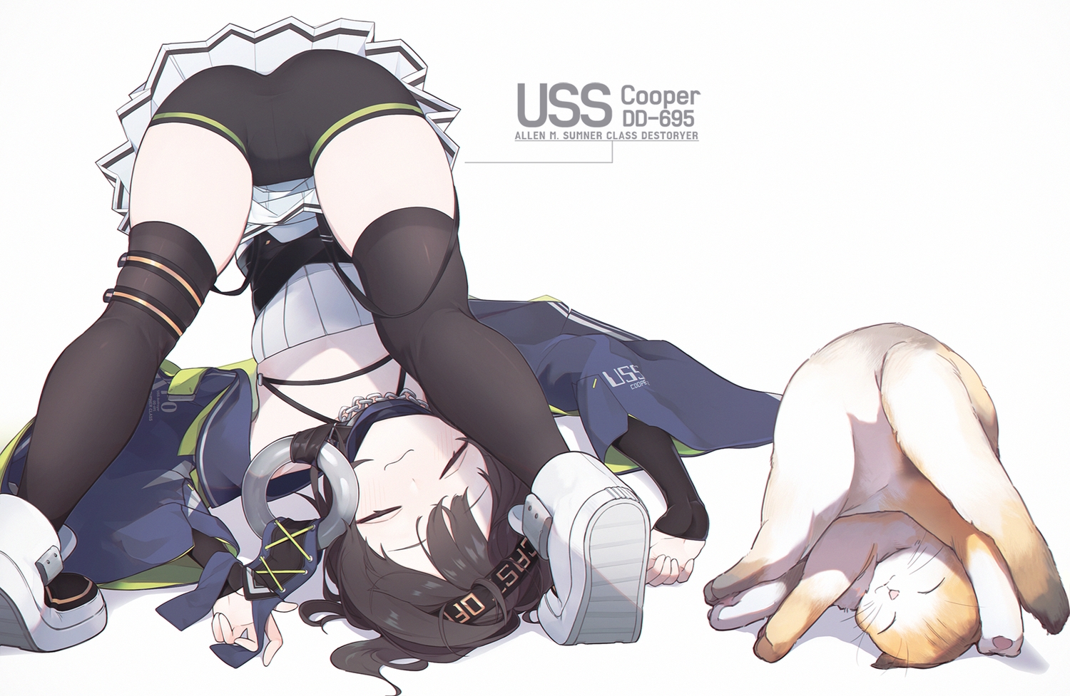 abae, animal, anthropomorphism, ass, azur_lane, black_hair, cat, cat_smile, cooper_(azur_lane), shorts, skirt_lift, white, zettai_ryouiki