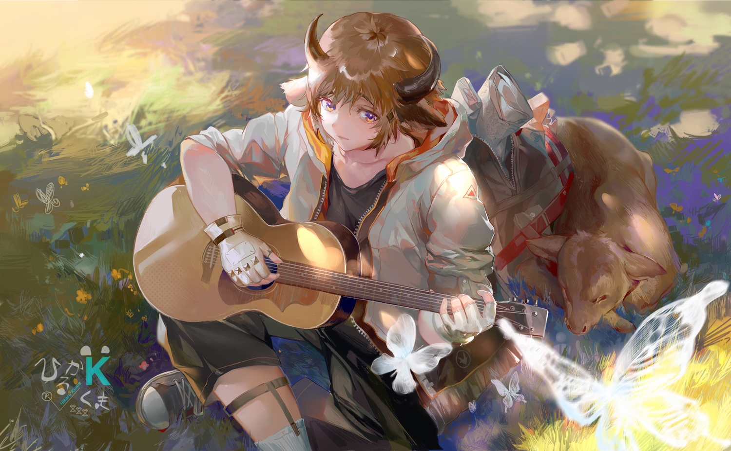 all_male, animal, arknights, bison_(arknights), daylightallure, guitar, horns, instrument, male