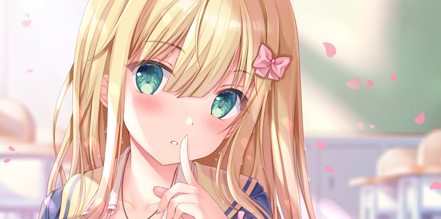 blonde_hair, blush, bow, cherry_blossoms, close, flowers, green_eyes, inagaki_minami, necklace, original, school_uniform, sousouman