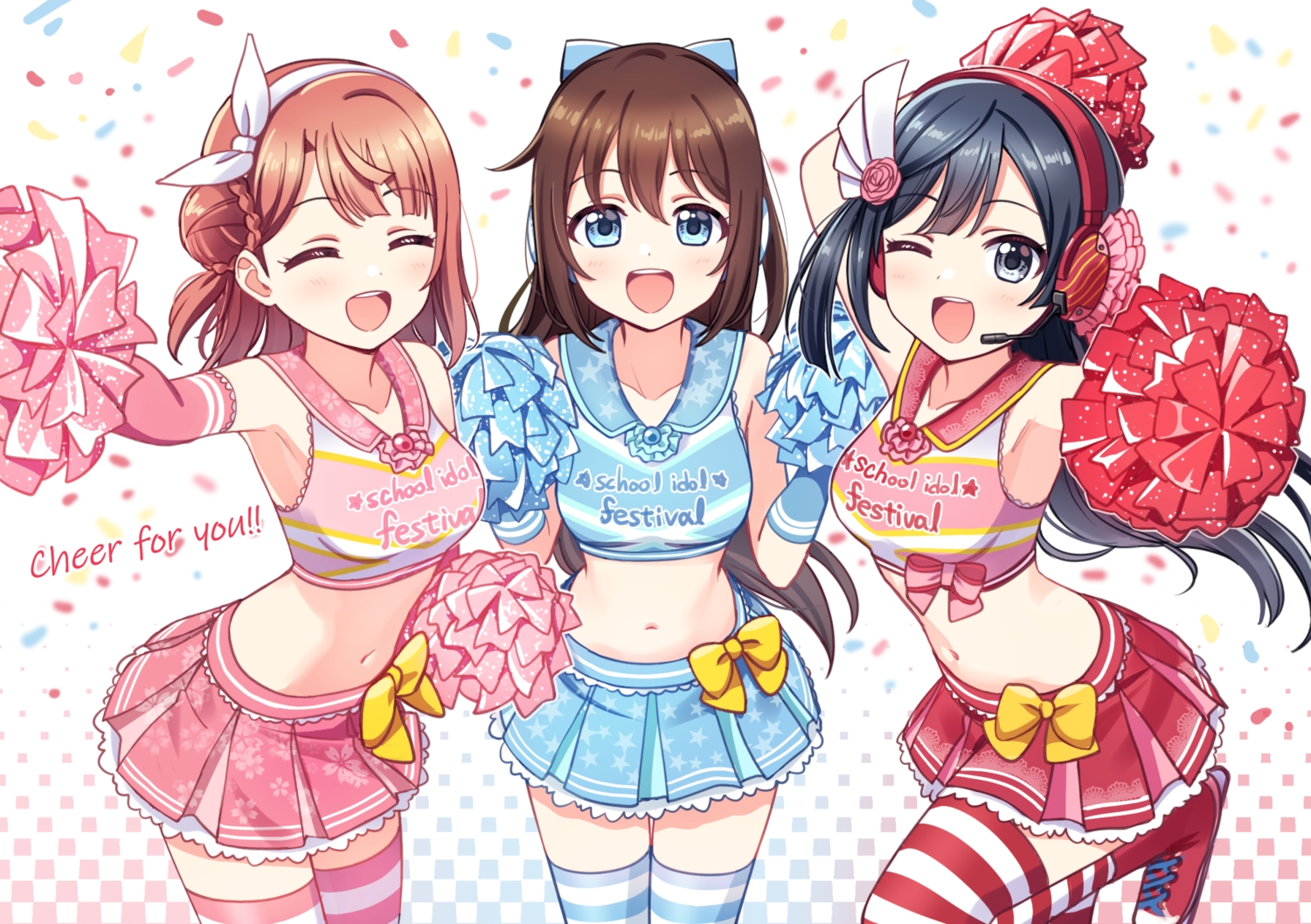 black_hair, blue_eyes, blush, bow, braids, brown_hair, cheerleader, deadnooodles