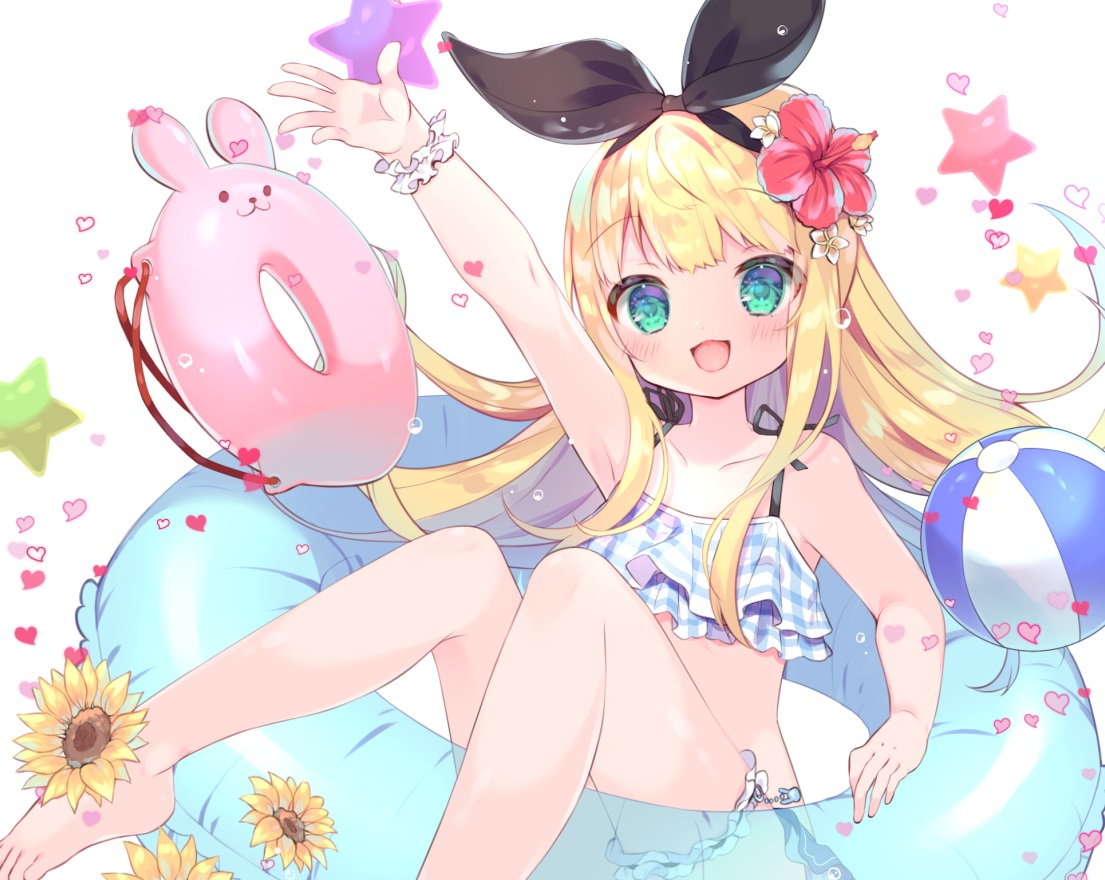 ball, barefoot, bikini, blonde_hair, blush, cropped, flat_chest, flowers, garter, green_eyes, headband, loli, long_hair, mononobe_alice, nijisanji, sunflower, suzuhara_(13yuuno), swim_ring, swimsuit, white, wristwear