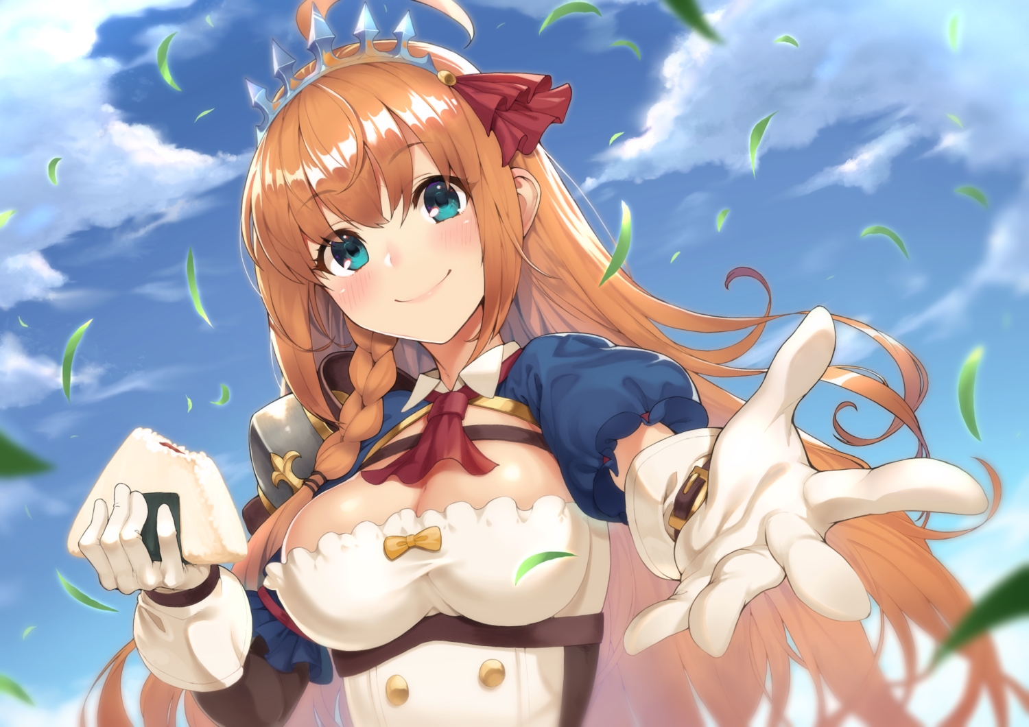 aqua_eyes, blush, braids, breasts, cleavage, close, clouds, food
