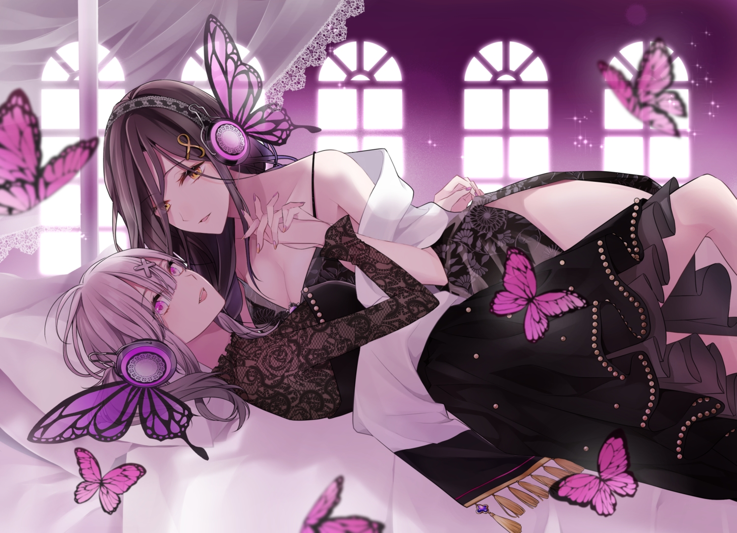 2girls, bed, black_hair, breasts, butterfly, cleavage, cosplay, dress, fang, gray_hair, haru_(haru2079), headphones, long_hair, magnet_(vocaloid), nijisanji, orange_eyes, pink_eyes, shirayuki_tomoe, shoujo_ai, sukoya_kana, twintails, vocaloid