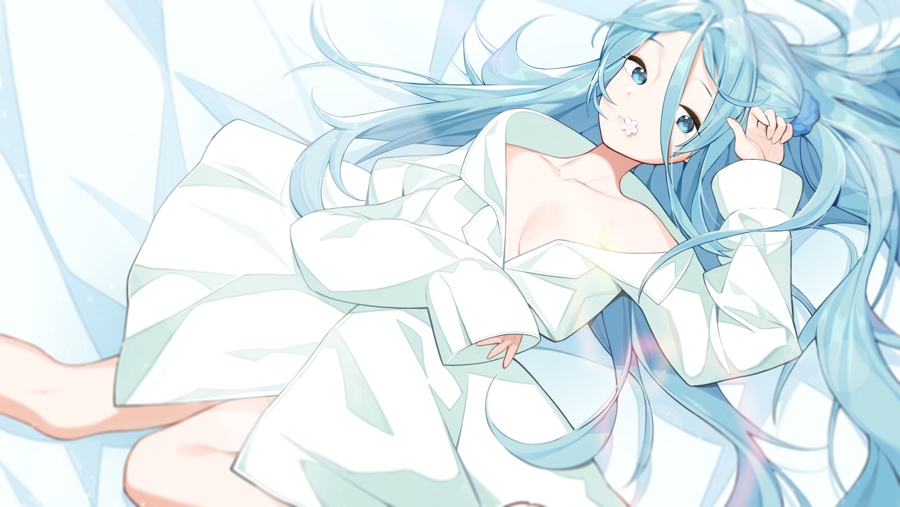 blue_eyes, blue_hair, breasts, chyanu, long_hair, naked_shirt, no_bra, original, polychromatic, shirt