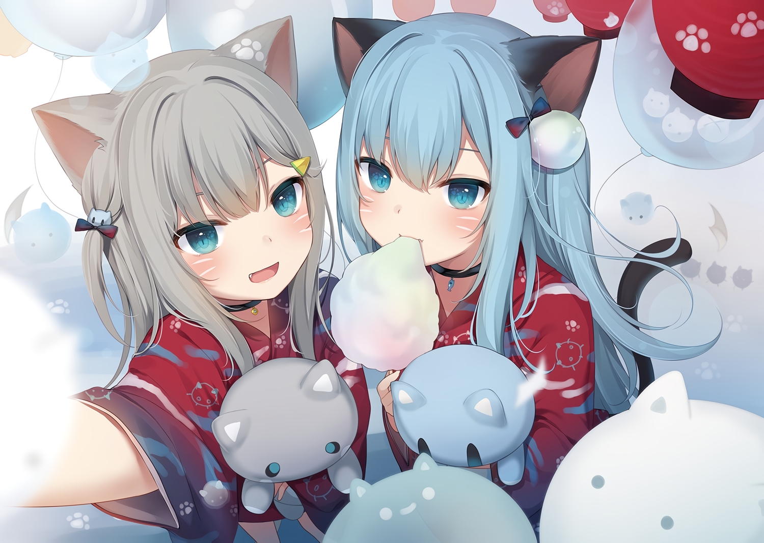 2girls, amashiro_natsuki, animal_ears, aqua_eyes, aqua_hair, blush, candy, catgirl