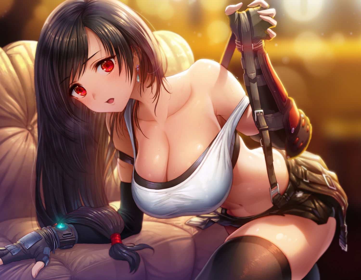 armor, black_hair, breasts, cleavage, couch, elbow_gloves, final_fantasy, final_fantasy_vii, gibagiba, gloves, long_hair, navel, ponytail, red_eyes, skirt, thighhighs, tifa_lockhart, zettai_ryouiki