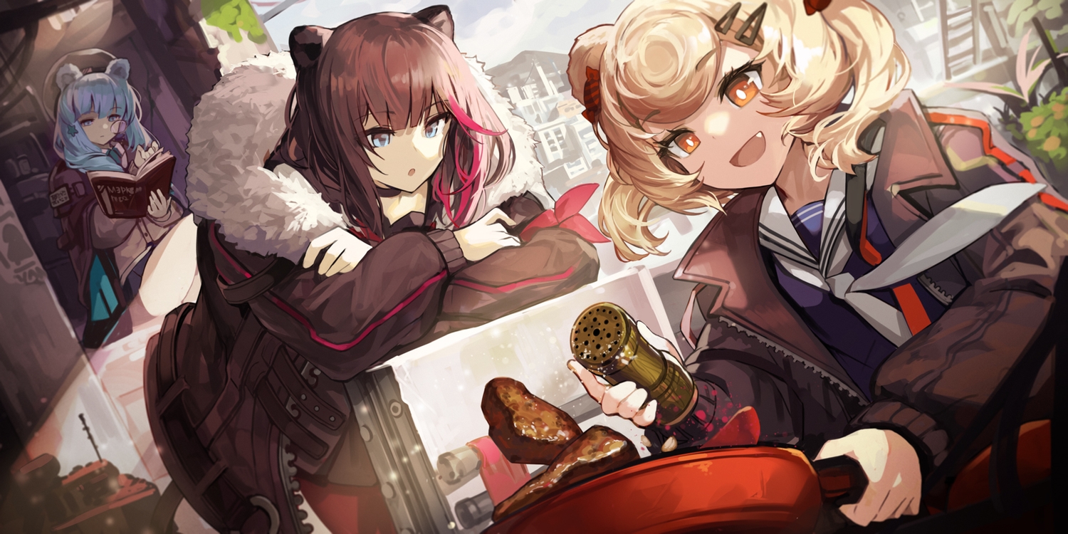 animal_ears, arknights, blonde_hair, blue_eyes, blue_hair, book, brown_hair, building