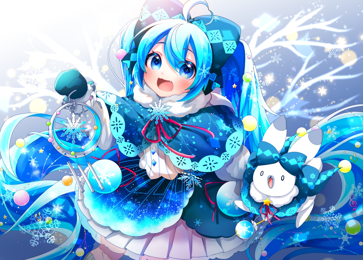 animal, aqua_eyes, aqua_hair, blush, bow, cape, cat_smile, fang