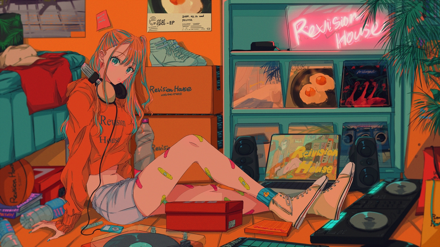 ball, bandaid, computer, drink, green_eyes, headphones, hood, ipod