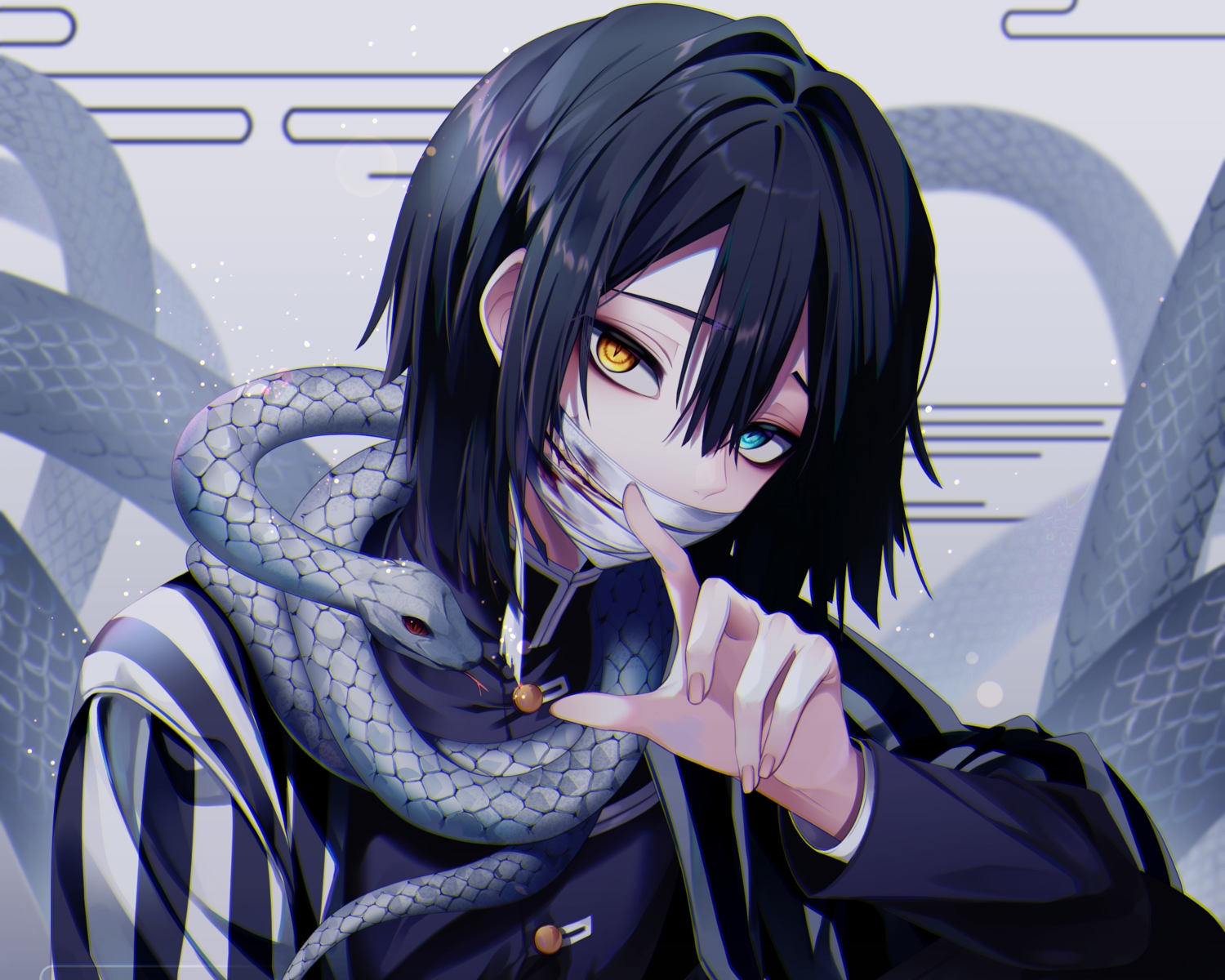 all_male, animal, bandage, bicolored_eyes, black_hair, blood, cropped, iguro_obanai, japanese_clothes, kimetsu_no_yaiba, male, mask, naru_0, short_hair, snake