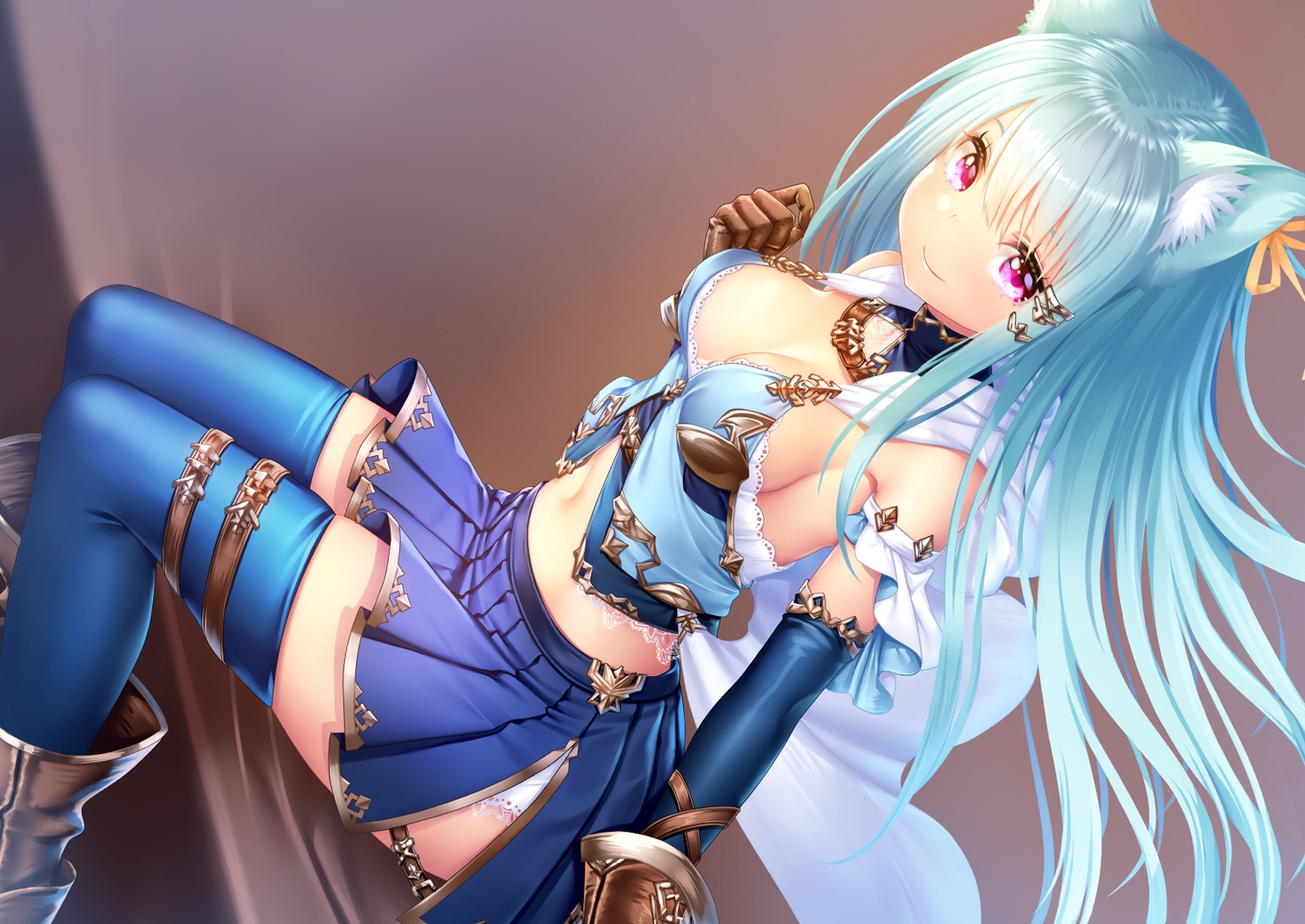 animal_ears, aqua_hair, boots, breasts, catgirl, cleavage, elbow_gloves, gloves