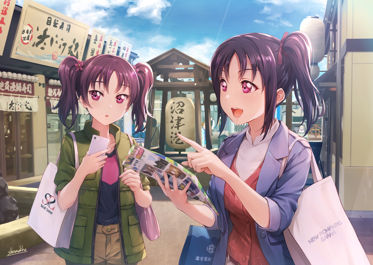 2girls, building, city, kazuno_leah, kazuno_sarah, love_live!_sunshine!!, paper, phone, ponytail, purple_eyes, purple_hair, shamakho, signed, twintails