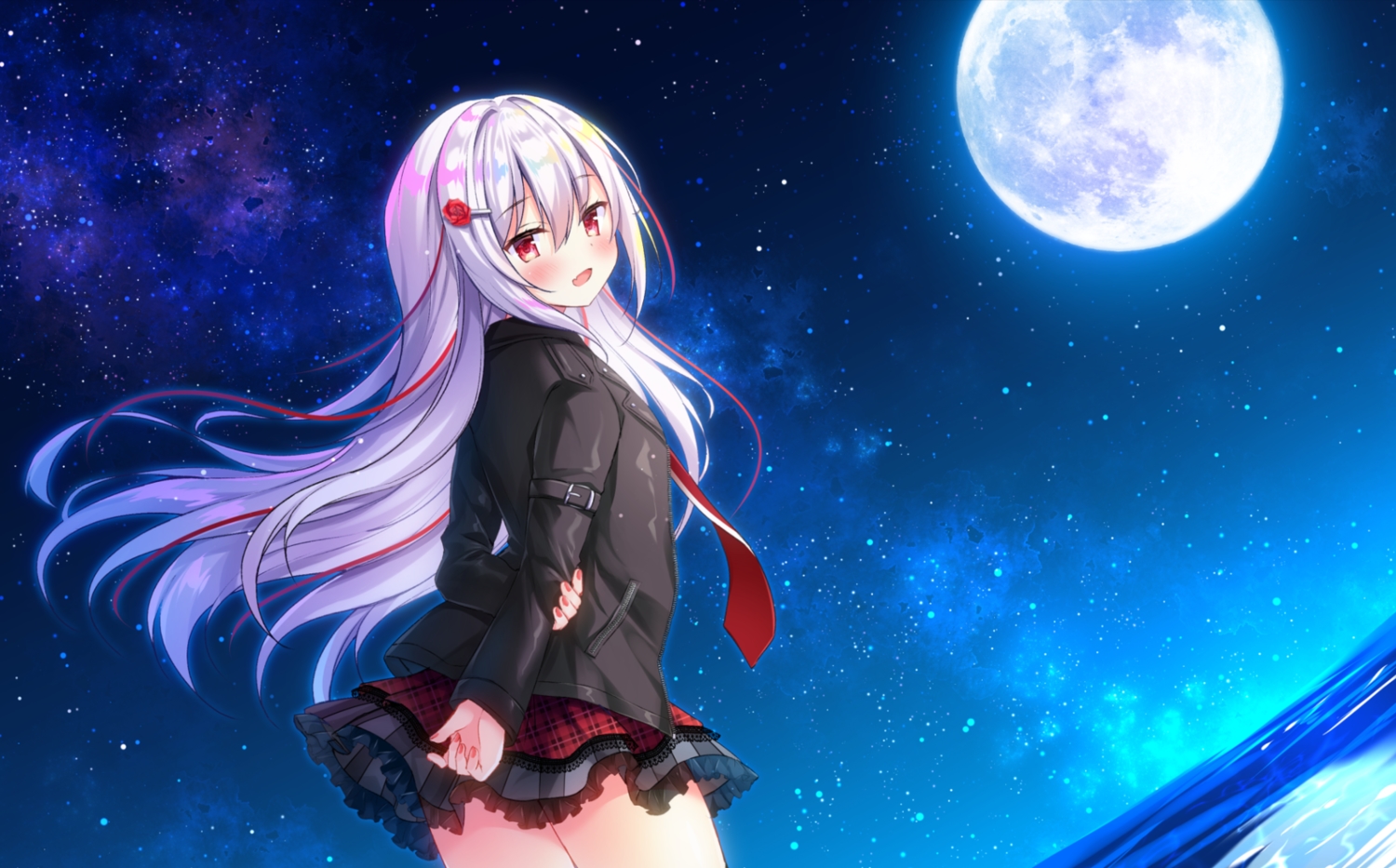 blush, fang, kirakira_monstars, long_hair, masayo_(gin_no_ame), moon, night, red_eyes