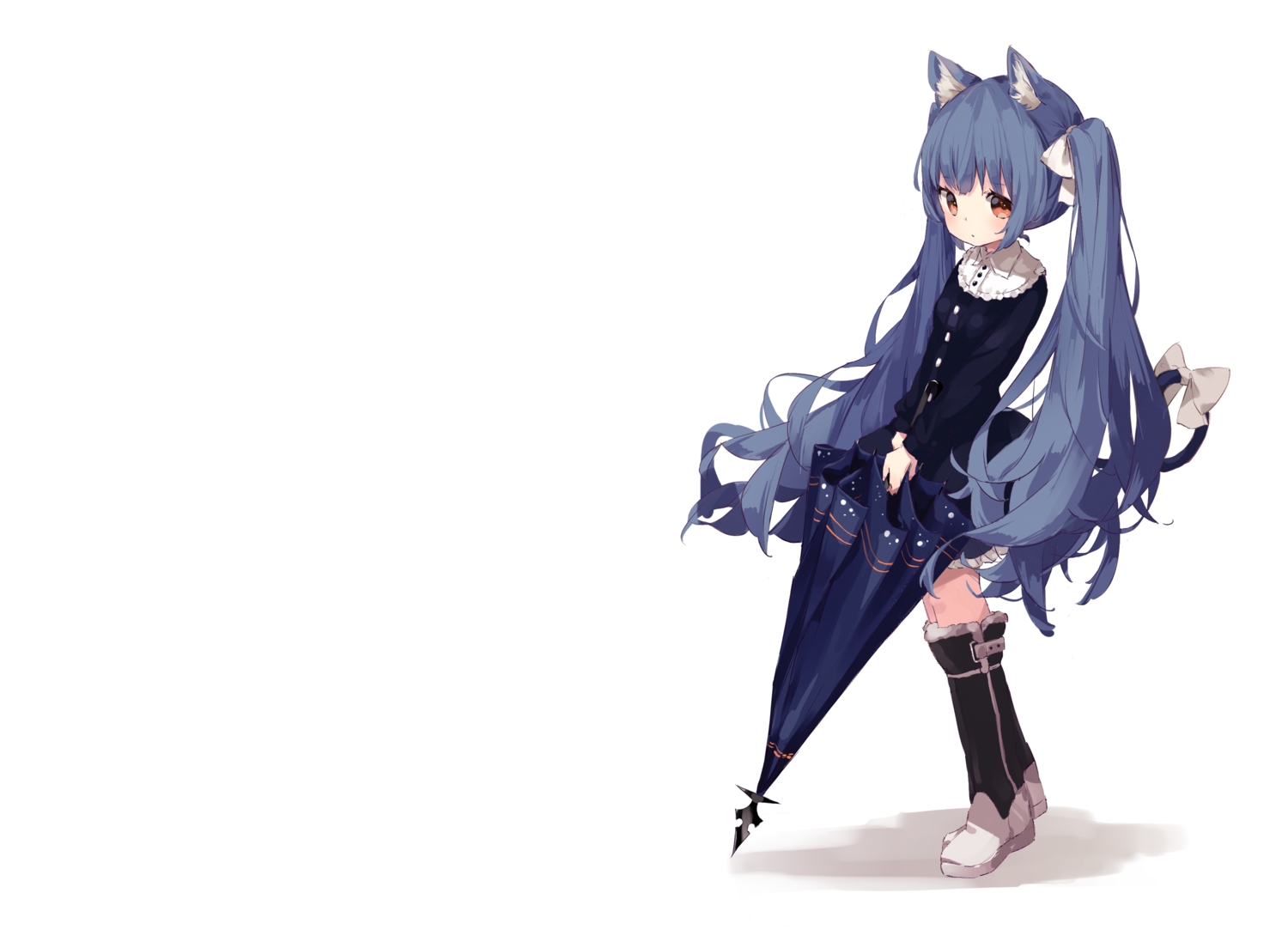 animal_ears, blue_hair, boots, catgirl, dress, fujii_shino, goth-loli, loli, lolita_fashion, long_hair, original, red_eyes, tail, umbrella, white