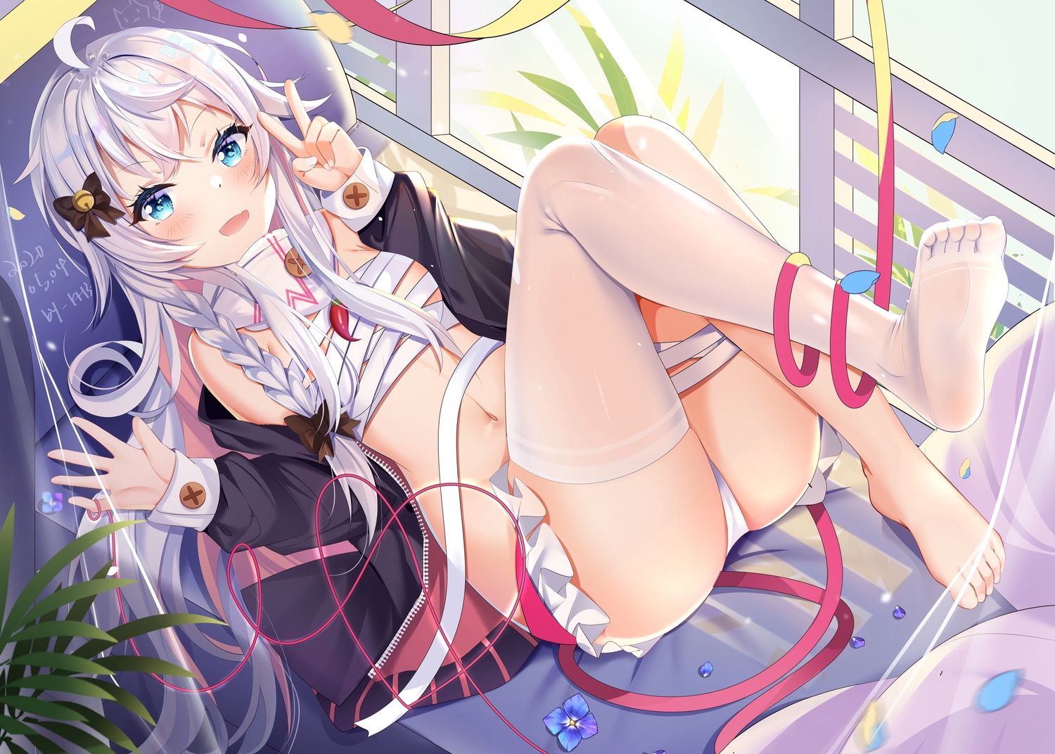 aqua_eyes, barefoot, bed, braids, kagura_nana, long_hair, miaoguujuun_qvq, nanakagu_karatou_ch., navel, no_bra, open_shirt, sarashi, thighhighs, underwear, white_hair