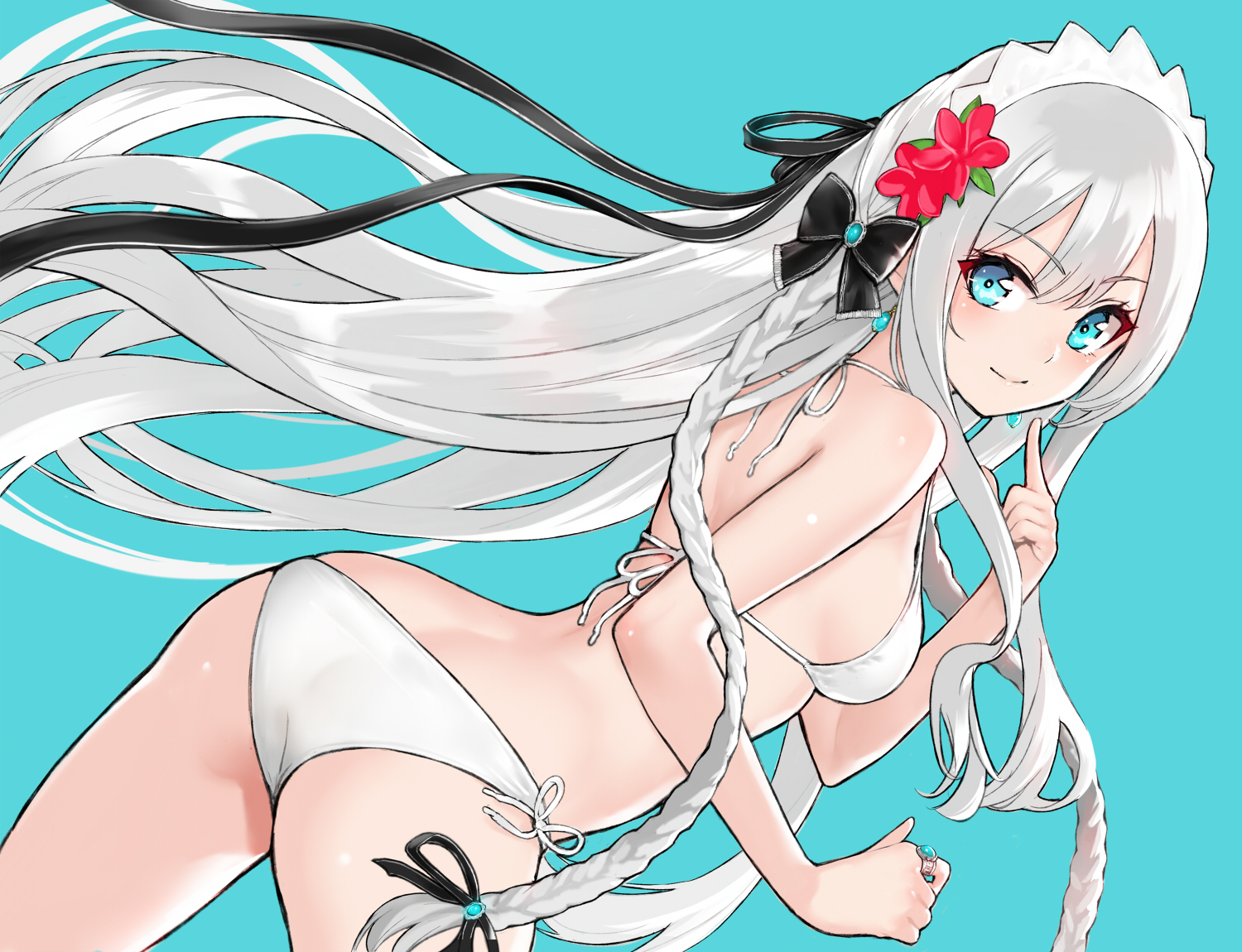 aqua_eyes, ass, bikini, blush, bow, braids, cyan, flowers
