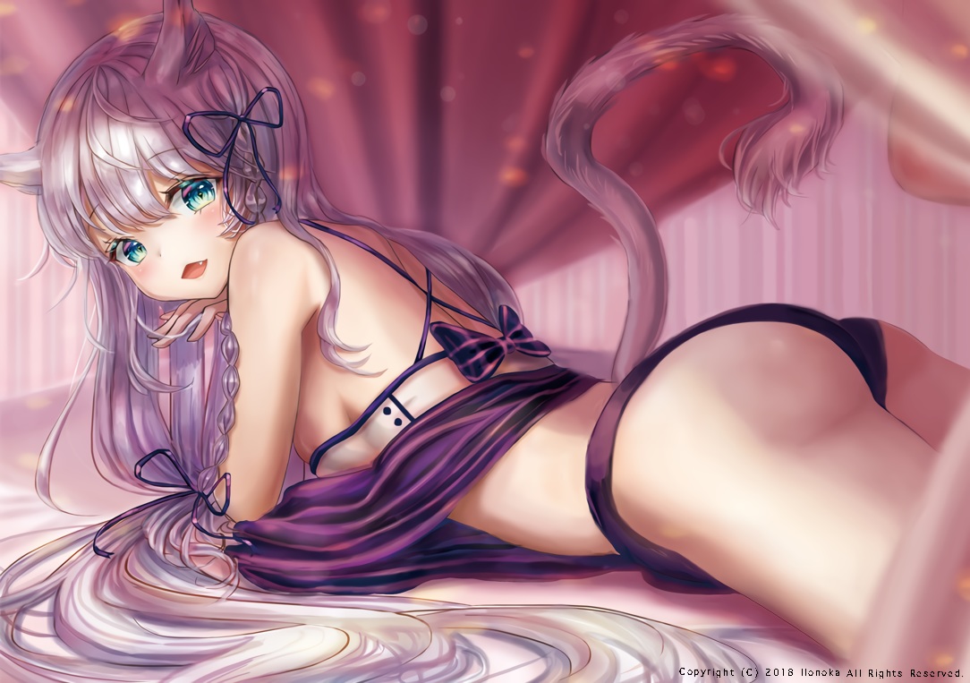 animal_ears, ass, blush, braids, catgirl, cat_smile, gray_hair, green_eyes