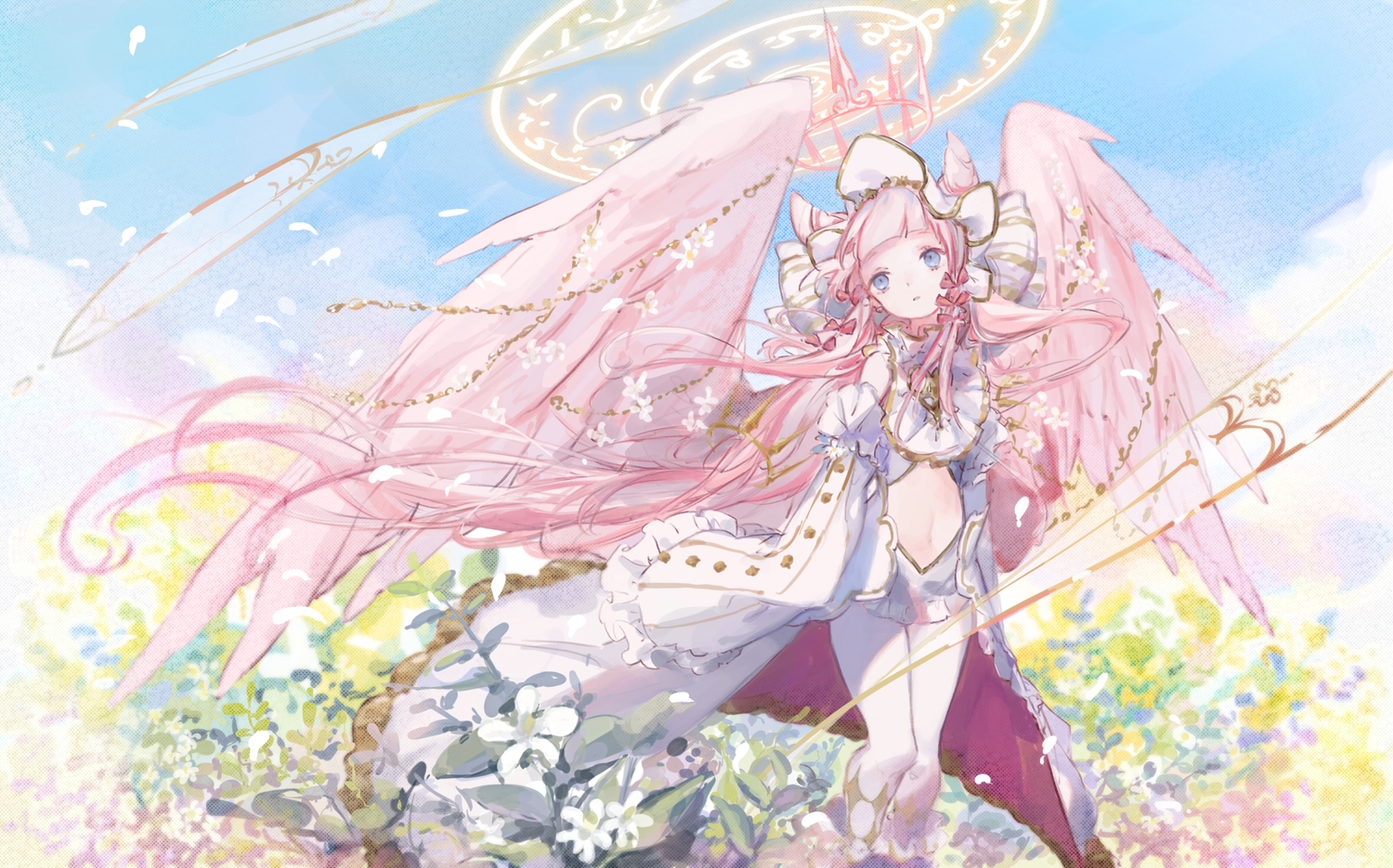 blue_eyes, clouds, dress, flowers, halo, hoshi_rousoku, long_hair, merc_storia, navel, pink_hair, sketch, sky, tagme_(character), wings