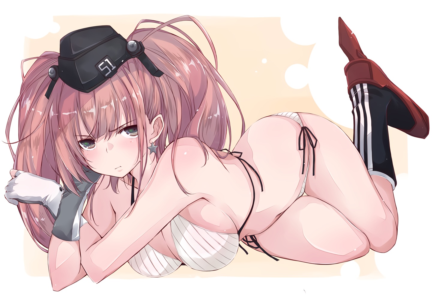 anthropomorphism, atlanta_(kancolle), bikini, blush, breasts, brown_hair, cleavage, gloves, gray_eyes, hat, kantai_collection, long_hair, swimsuit, twintails, waifu2x, yumesato_makura