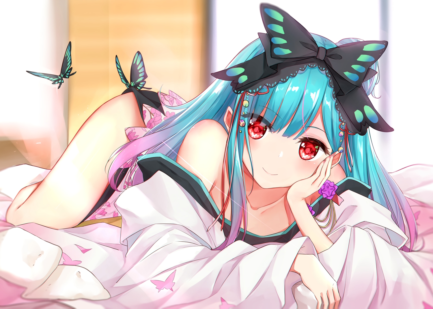 aqua_hair, bow, butterfly, headband, hololive, japanese_clothes, kimono, long_hair, red_eyes, to_naive, uruha_rushia