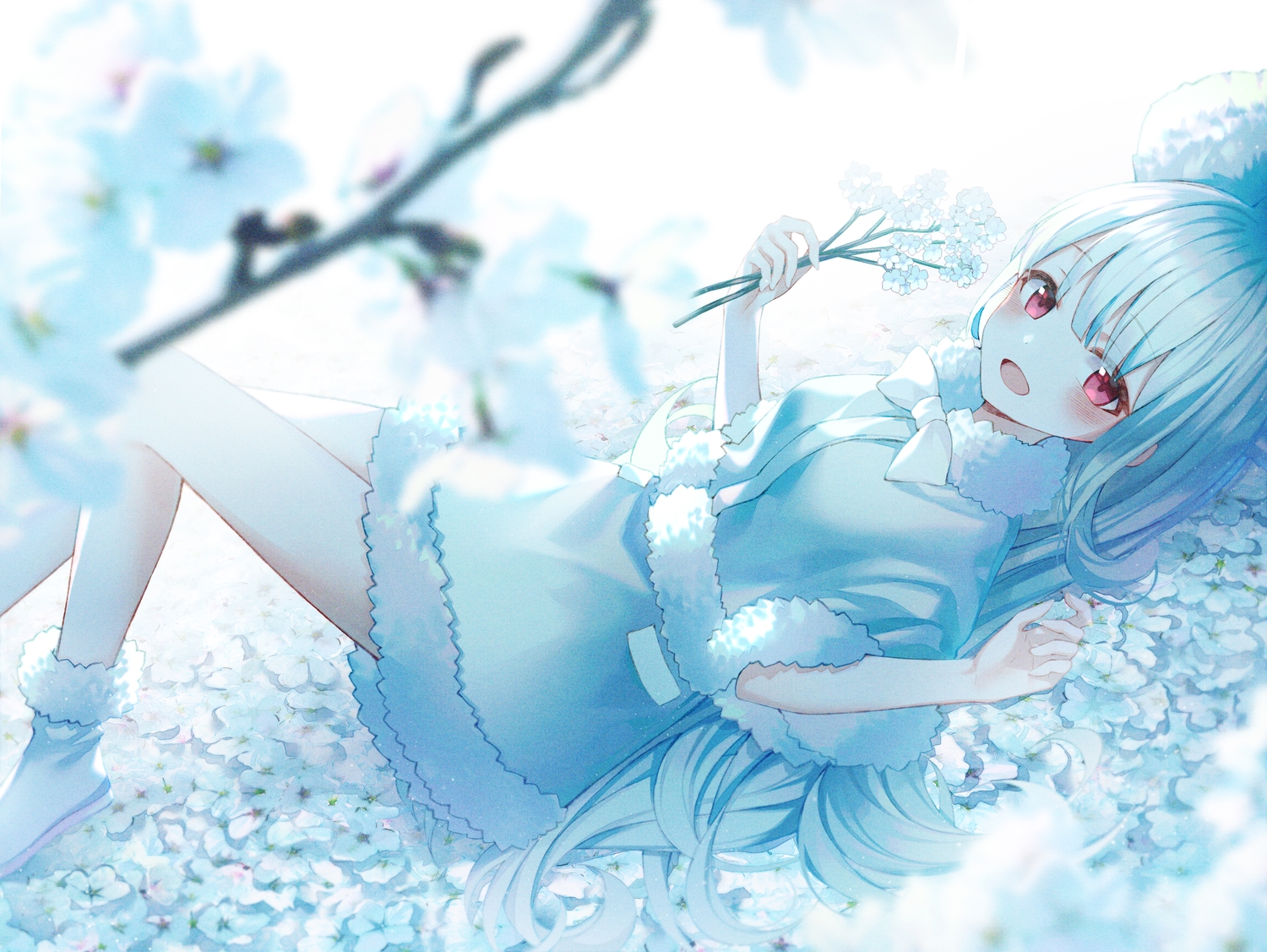 blue_hair, flowers, long_hair, momingie, original, red_eyes