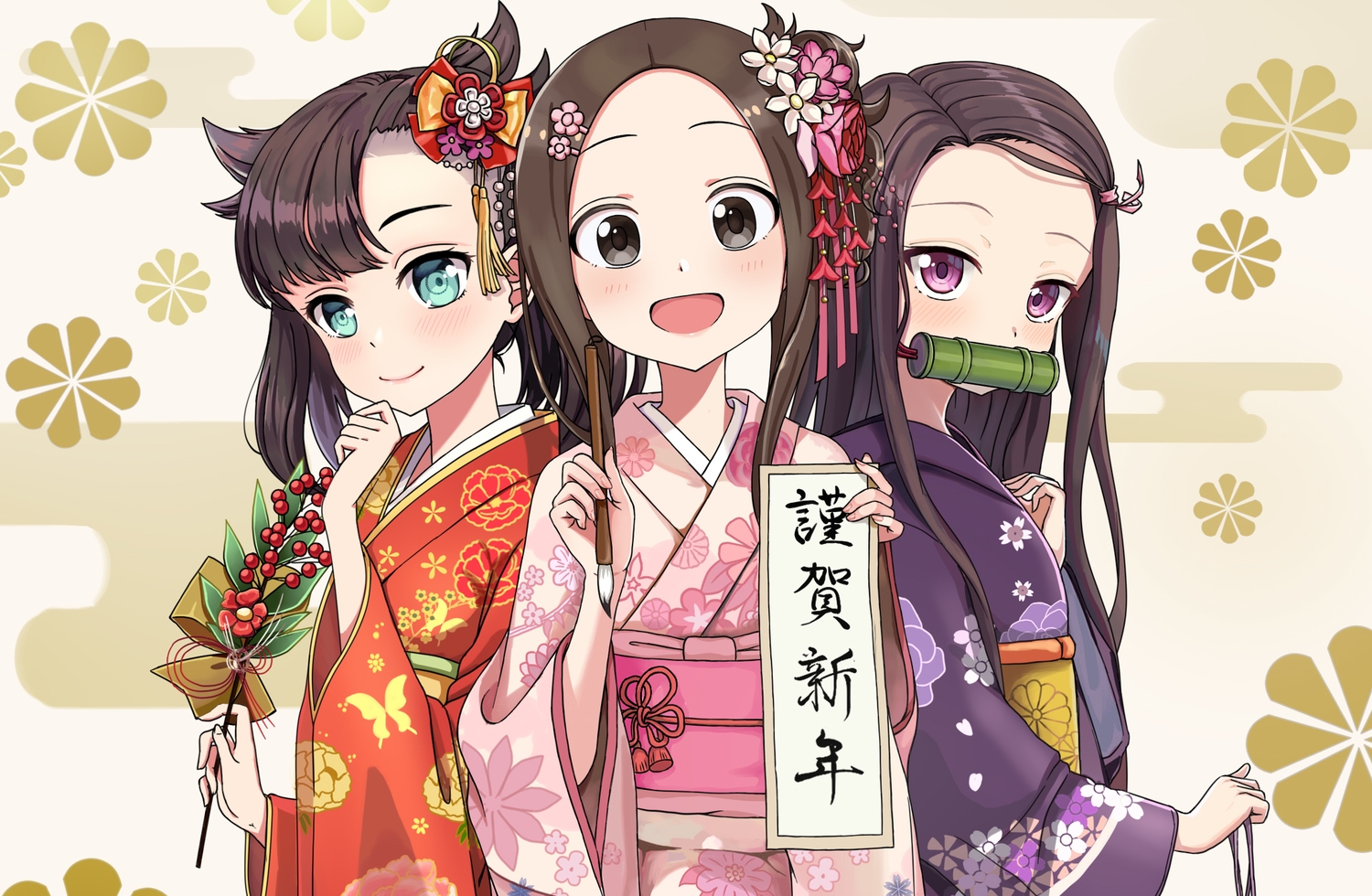 cropped, crossover, kamado_nezuko, karakai_jouzu_no_takagi-san, kimetsu_no_yaiba, loli, mary_(pokemon), pokemon, takagi-san, zeng