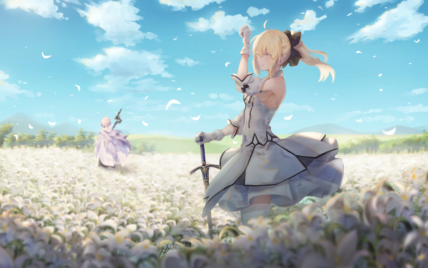 artoria_pendragon_(all), blonde_hair, blush, clouds, dress, fate/grand_order, fate_(series), feathers, flowers, gloves, green_eyes, male, merlin_(fate/grand_order), pigonhae, ponytail, saber, saber_lily, sky, staff, sword, thighhighs, weapon, white_hair