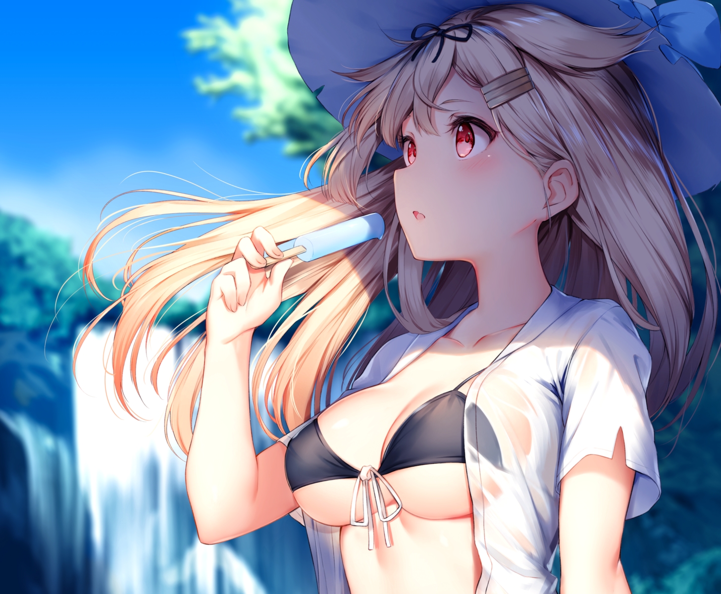 anthropomorphism, bikini_top, blonde_hair, blush, breasts, cleavage, close, cropped, food, hat, kantai_collection, long_hair, nyum, open_shirt, popsicle, red_eyes, see_through, underboob, water, waterfall, yuudachi_(kancolle)