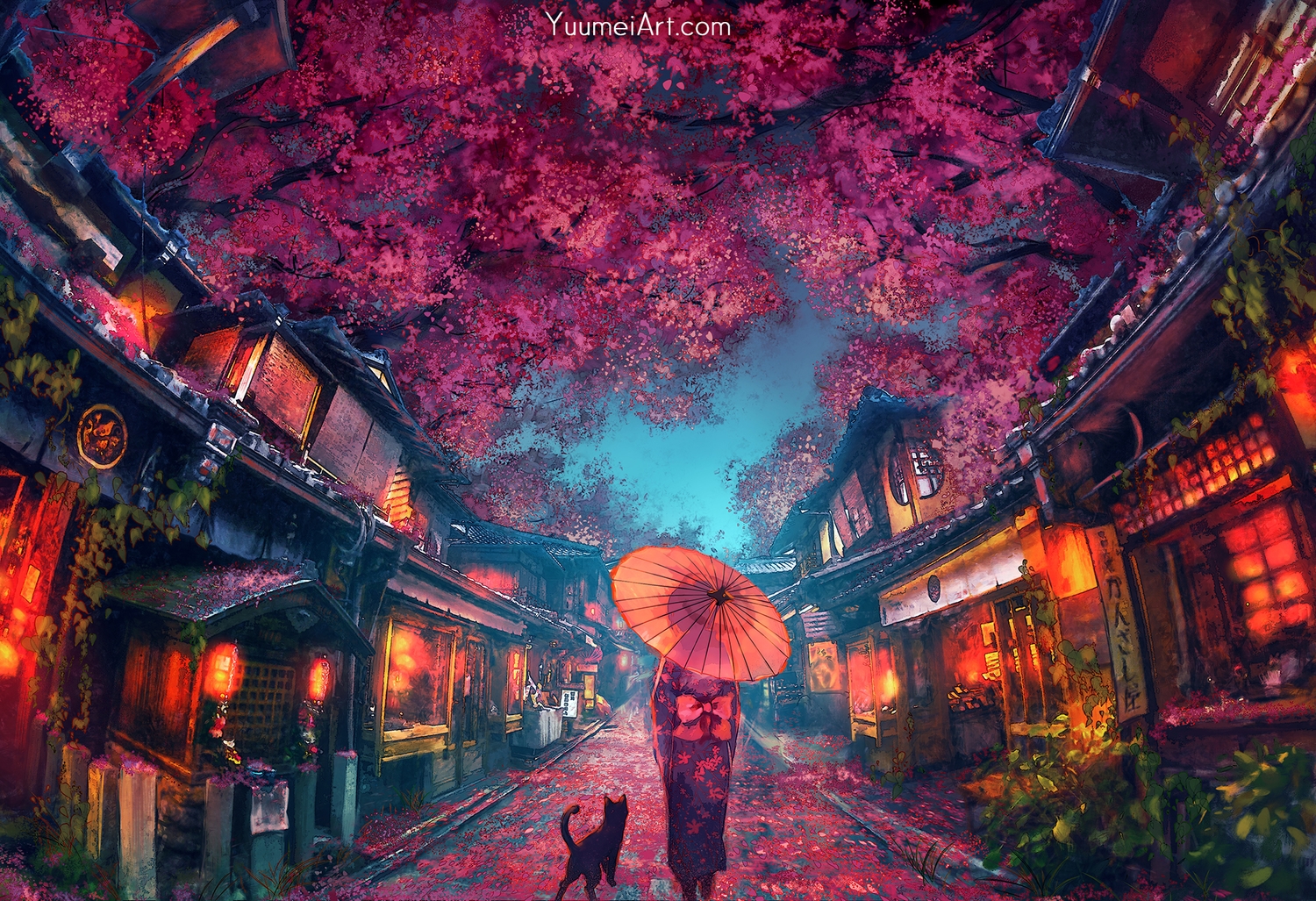 animal, building, cat, flowers, japanese_clothes, kimono, original, tree