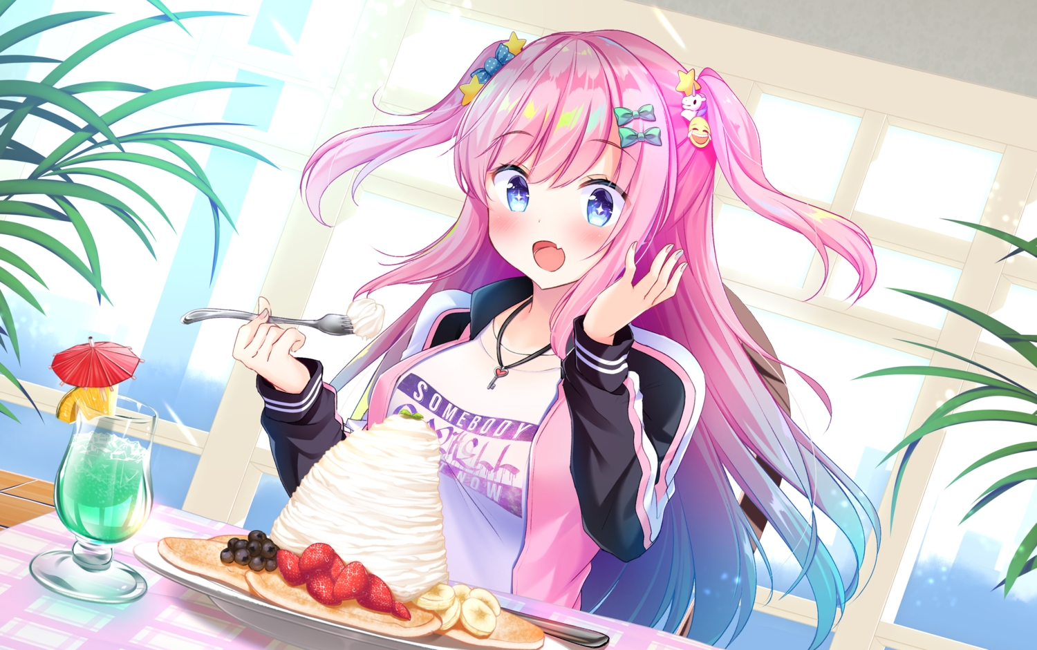 aqua_eyes, drink, eve_morning_star, fang, food, fruit, kirakira_monstars, long_hair, masayo_(gin_no_ame), necklace, pink_hair, strawberry, twintails