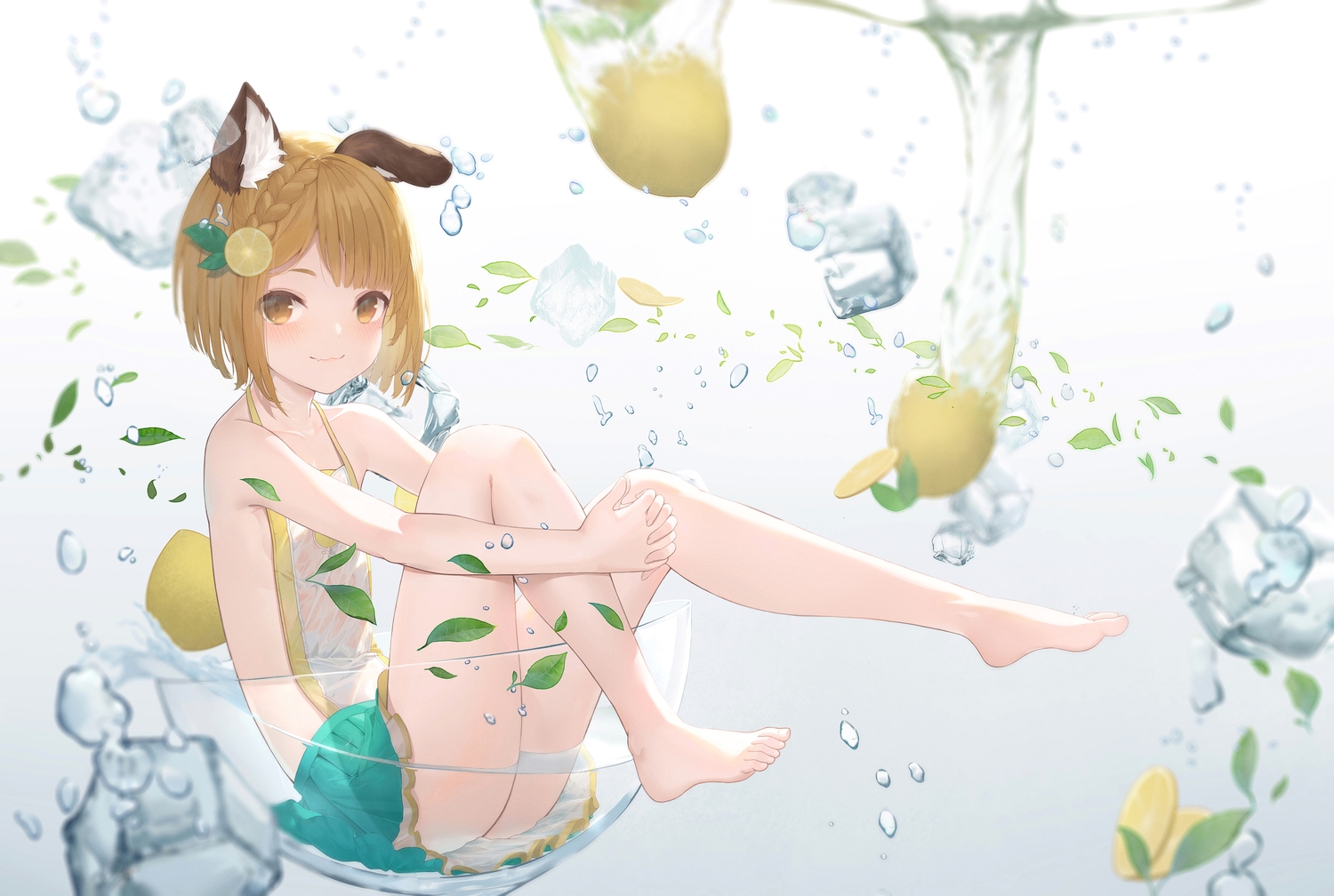 animal_ears, barefoot, blush, braids, brown_eyes, brown_hair, cat_smile, cg_(2686805355), doggirl, fang, food, fruit, gradient, granblue_fantasy, leaves, short_hair, skirt, vajra_(granblue_fantasy)