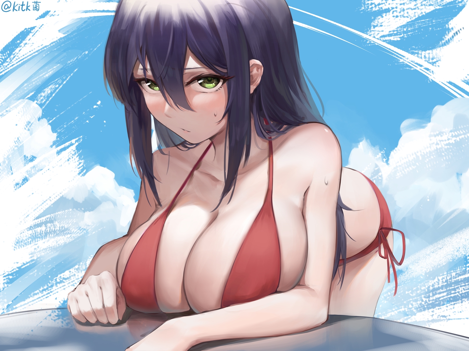 bikini, blush, clouds, green_eyes, kitk_qun, long_hair, original, purple_hair, signed, sky, swimsuit