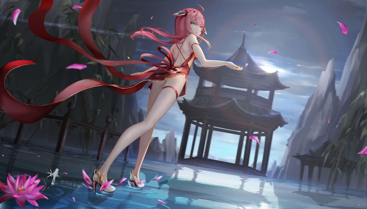ass, clouds, dress, flowers, green_eyes, horns, long_hair, nopan, pink_hair, reflection, sky, torii, virtual_dimension_project, wangchuan_de_quanyan, water, watermark, xiao_xi