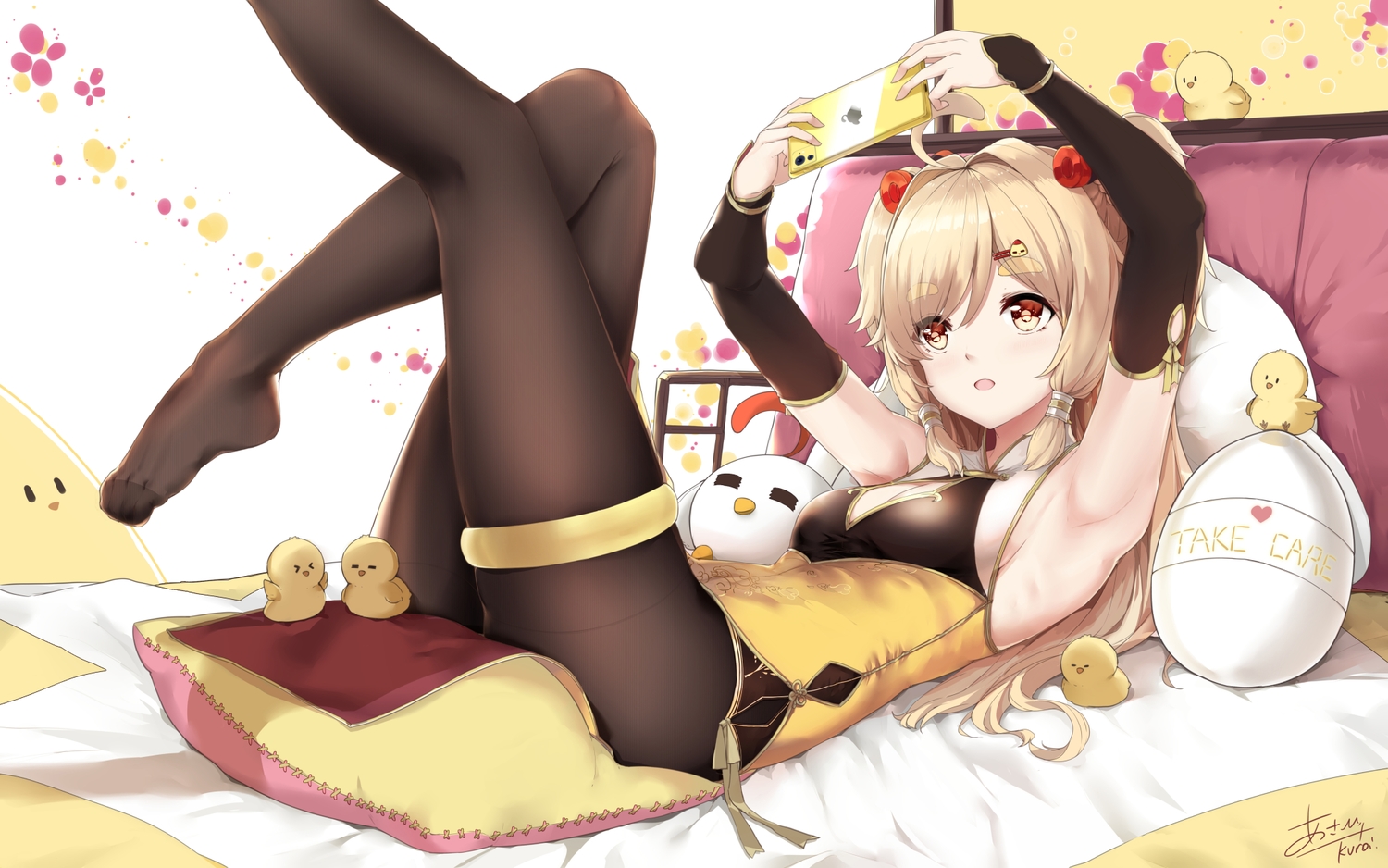 animal, aqua_eyes, asahi_kuroi, bed, bird, blonde_hair, blush, chinese_clothes