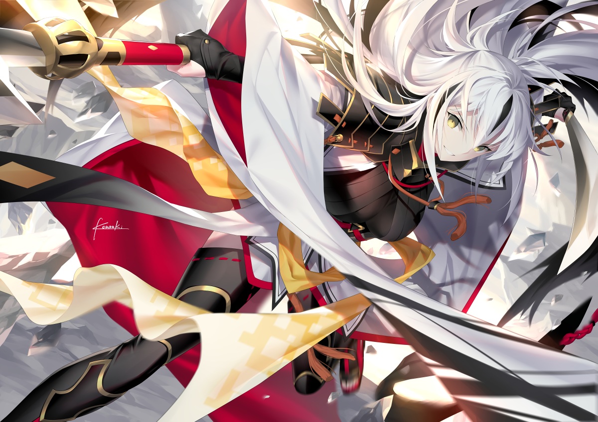 aliasing, fate/grand_order, fate_(series), gloves, japanese_clothes, kousaki_rui, long_hair, nagao_kagetora_(fate), signed, sword, weapon, white_hair