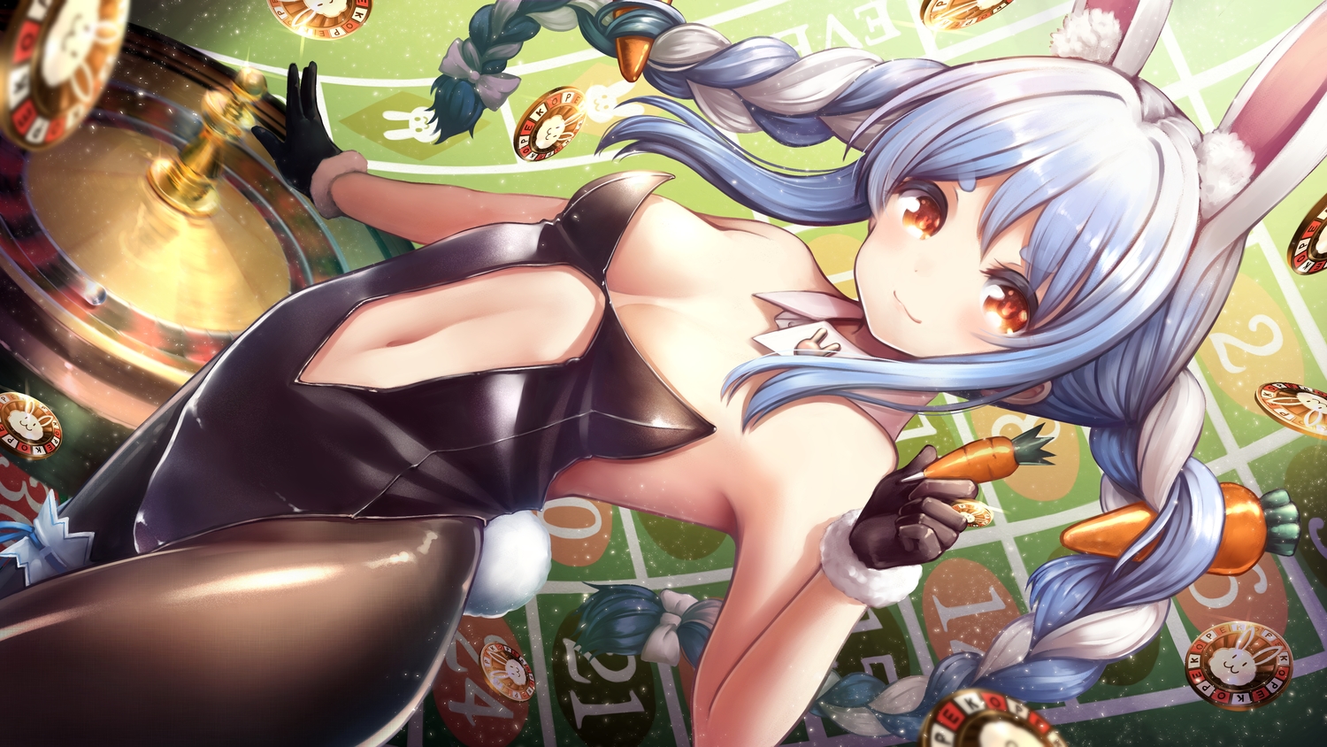 animal_ears, blue_hair, blush, braids, breasts, bunny_ears, bunnygirl, gloves, hololive, leotard, long_hair, no_bra, orange_eyes, tail, tukiyofree, usada_pekora