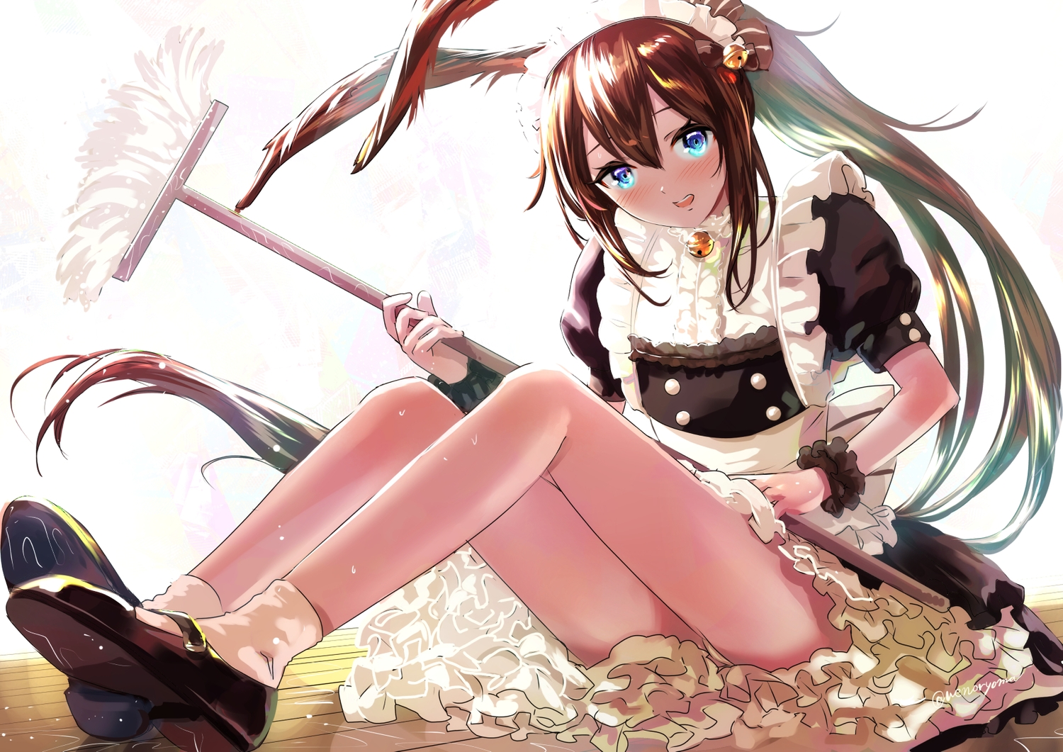 amiya_(arknights), animal_ears, aqua_eyes, arknights, bell, blush, brown_hair, bunny_ears, bunnygirl, headdress, long_hair, maid, ponytail, uenoryoma